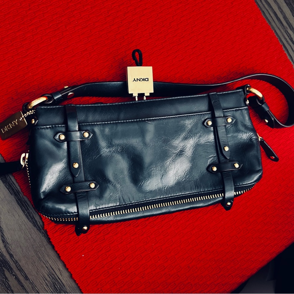 Vintage DKNY Donna Karan Small Black Leather Clutch Bag with Gold Detailing